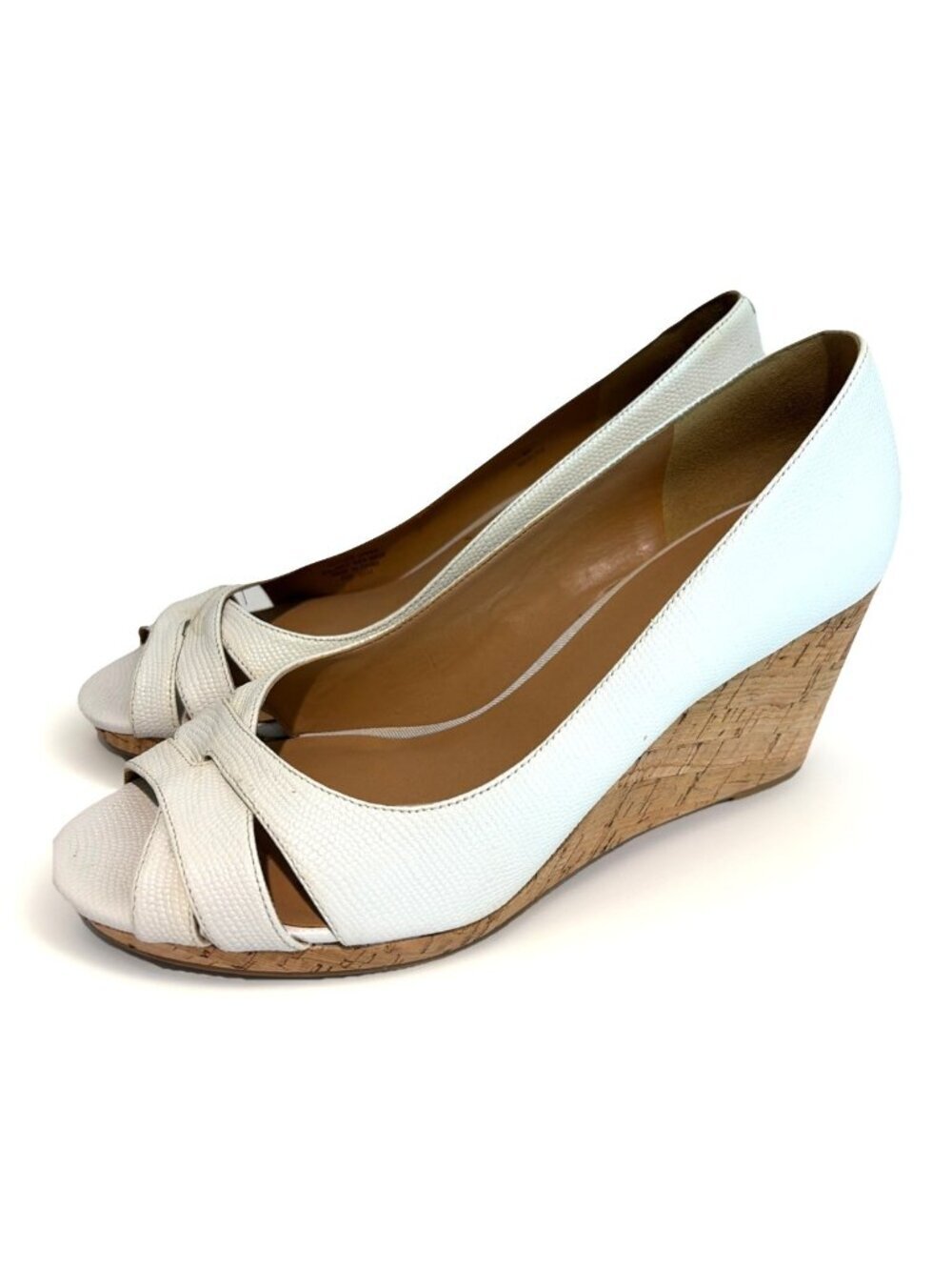 Nine West Women’s Open Toe Shoes Size 8M White Pebbled Leather Cork Wedge Heels